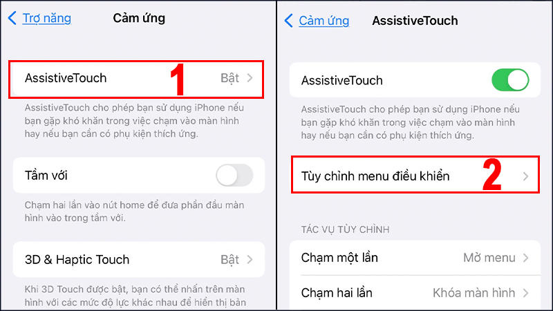 Trong mục AssistiveTouch  Nhấn vào tuỳ chọn Tùy chỉnh menu điều khiển